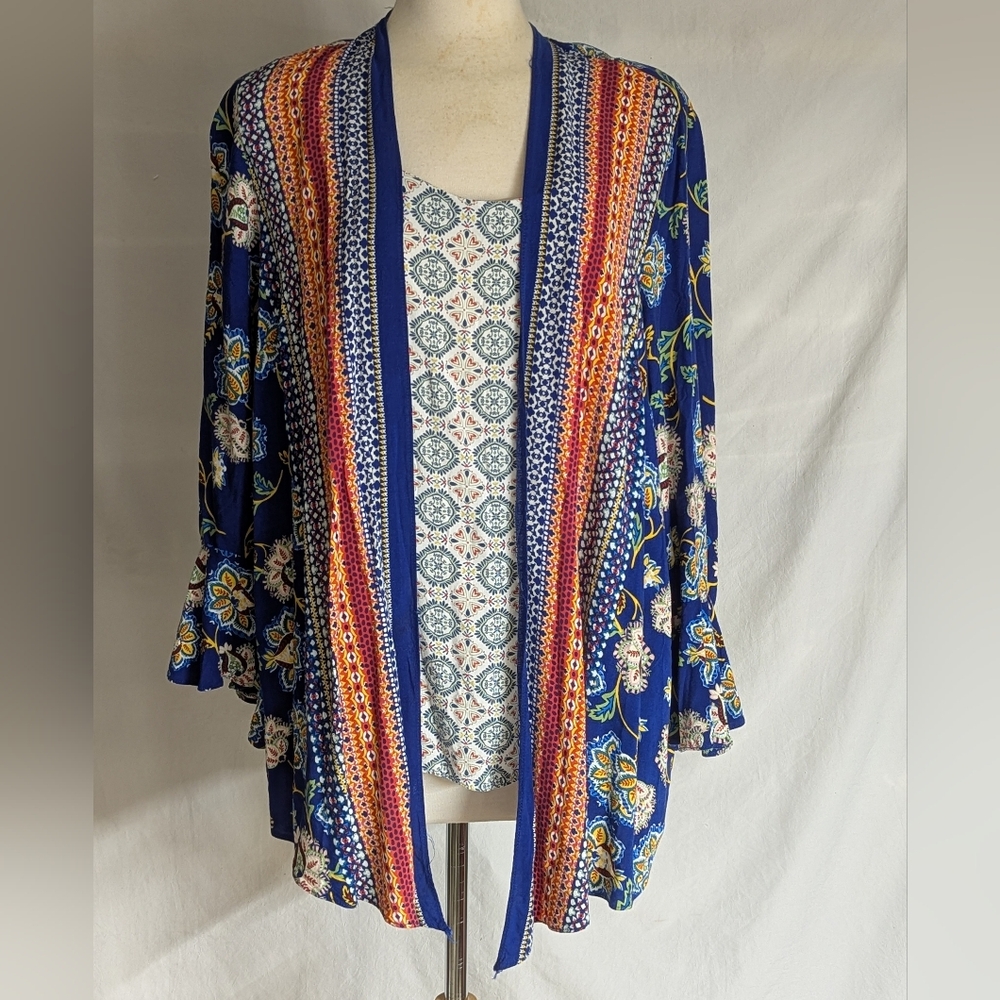 Fig And Flower Rayon Plus Size 2X Top Multi Color Attached Tank Bell Sleeves - Picture 12 of 14